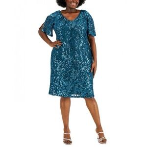 Alex Evenings Turquoise Blue Sequin Dress Flutter Sleeve Vneck 20W Plus 8496728